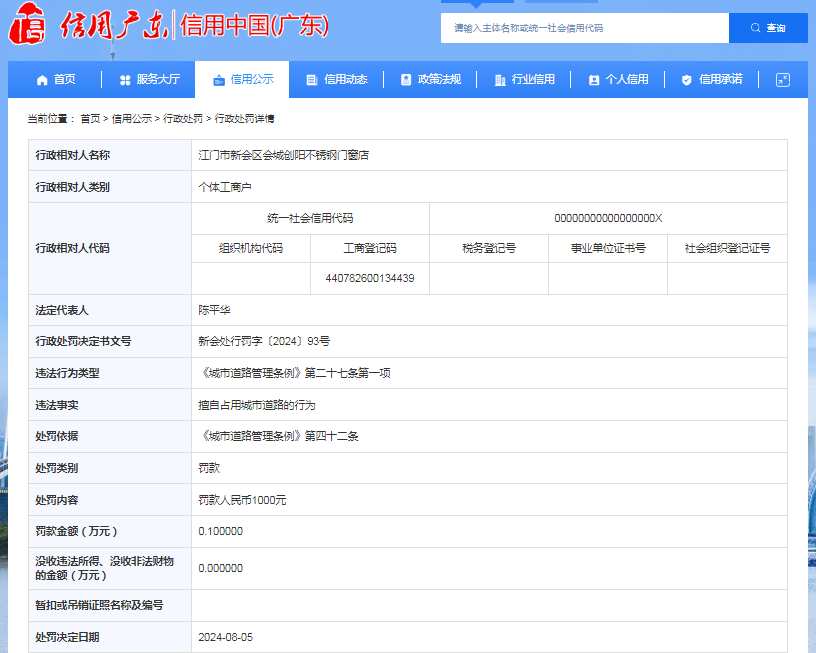 新奥精准免费资料提供,江门市新会区会城创阳不锈钢门窗店被罚款 1000 元播报文章